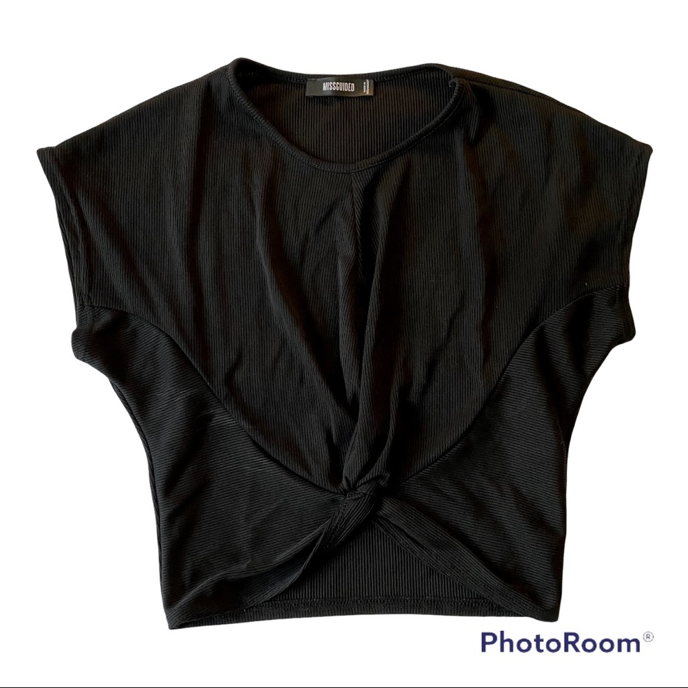 Missguided black short sleeve front twist crop top